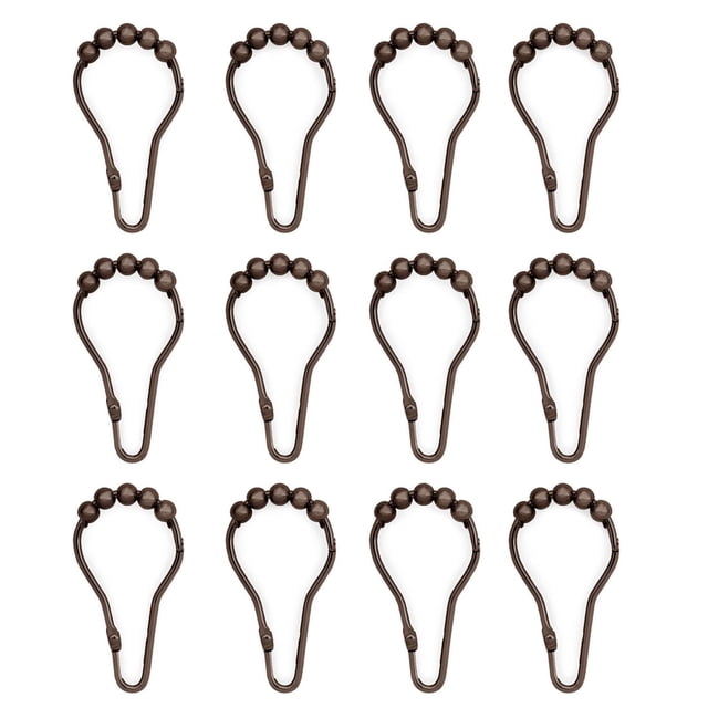 Mainstays Hinged Easy Gliding Shower Hooks set of 12 in dark brown, each with five gliding beads and a hinged opening for easy installation on standard shower rods, rust resistant and designed for smooth curtain movement, also suitable for hanging lightweight bathroom accessories.