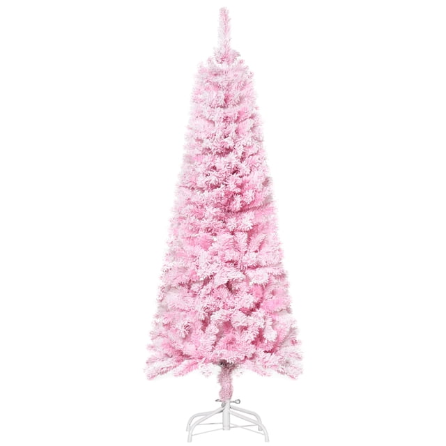 HOMCOM Snow Flocked Pencil Artificial Christmas Tree with Steel Base in pink. This slim, 48-inch tall tree features a pencil shape ideal for small spaces, with 180 tips for a full appearance. The branches are snow-sprayed for a wintry look and are flame-retardant for safety. It includes a sturdy white steel base for stability and is designed for indoor use only.