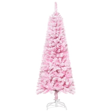 HOMCOM Snow Flocked Pencil Artificial Christmas Tree with Steel Base Pink