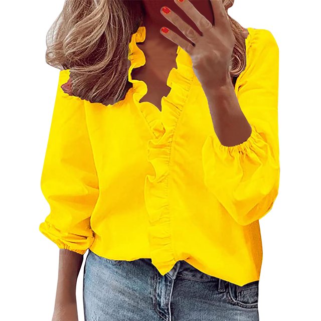 Women's Casual Solid Color Ruffle Collar Long Sleeve Ruffle Shirt Blouse V Neck Short Sleeve Shirt Tops