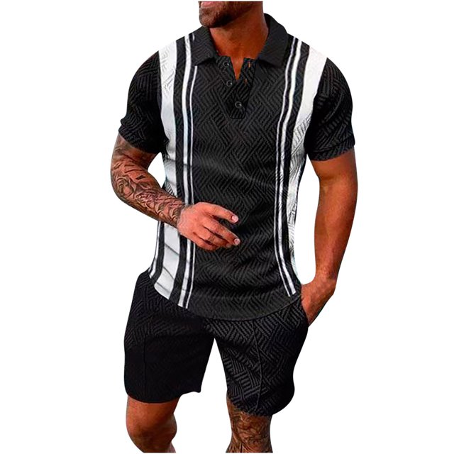 Mikilon Mens Trendy Outfits 2-Piece Set Short Sleeve Buttoned Lapel Printed T-Shirt Set Chic and Comfortable Short Sleeve Lapel Set Black L