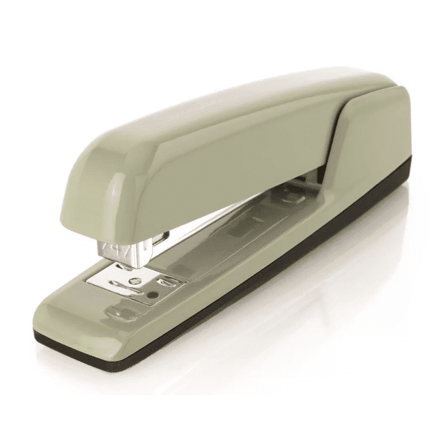 GAKMR business stapler in a neutral tone, designed for stapling and fastening tasks. It features a push-button latch for easy opening, a rotating anvil for temporary staples, and a positive locking latch to secure staples. The stapler holds up to 210 staples in a full strip and includes a low stapler indicator for timely refills.