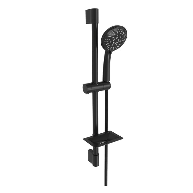 The akuaplus adjustable shower post system with 9 settings hand shower in matte black, featuring a 28.25-inch stainless steel post, adjustable hand shower holder, rectangular soap dish, and 59-inch flexible double interlocking stainless steel hose with brass fittings and flow control at 9.5 L/min, suitable for bathroom renovation.