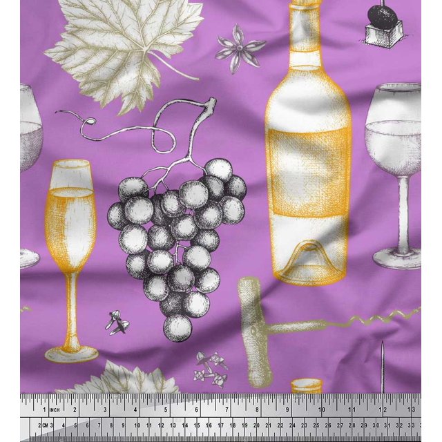 Soimoi polyester Crepe Fabric Grapes,Wine Glass & Bottle Decor Fabric Printed Yard 42 Inch Wide