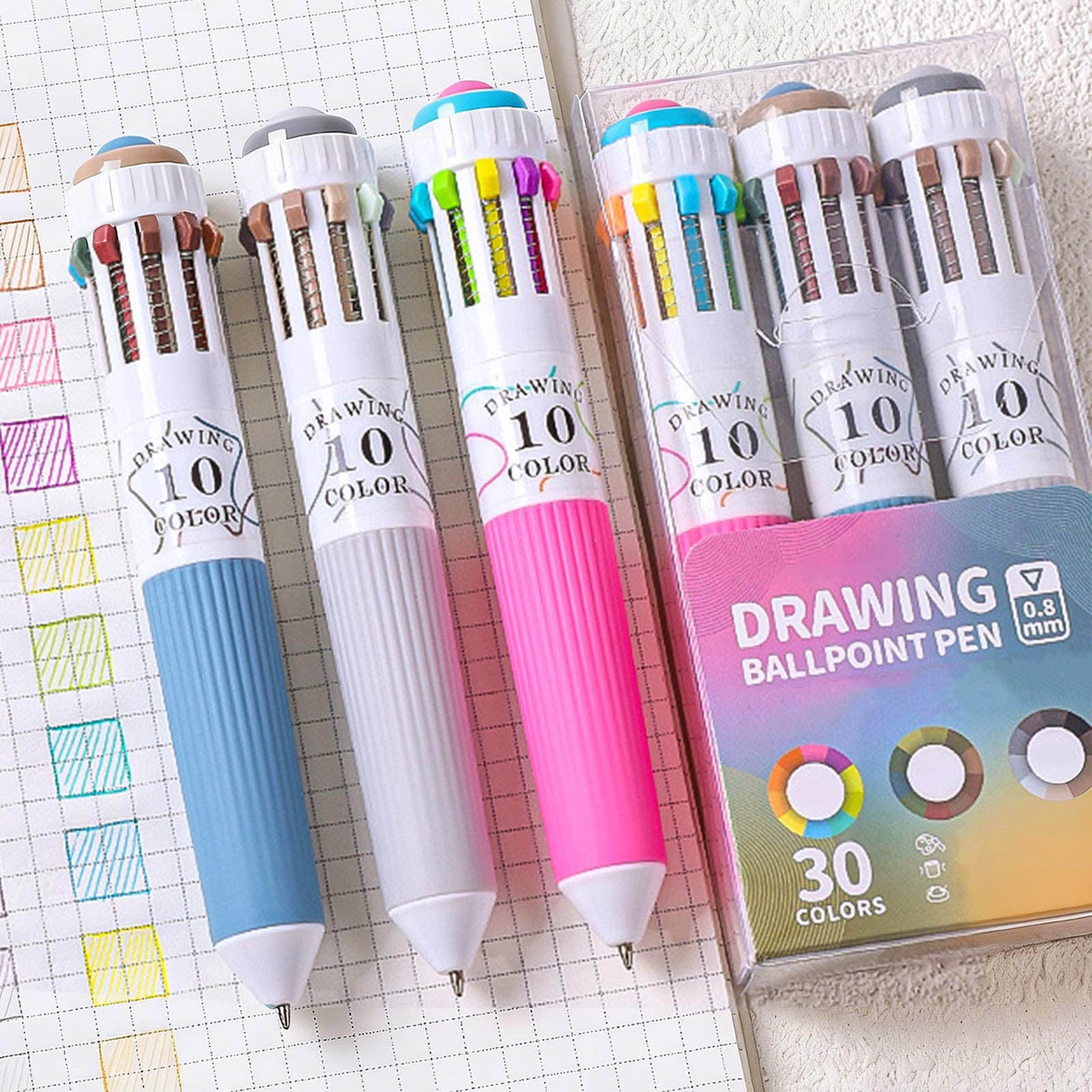 BUTASY Ballpoint Pens 30 Colors Ballpoint Pen Set One Multi-color Ballpoint Pen Colorful Soft Grip Handbook Marker 0.8mm Student Drawing Pen 20ml