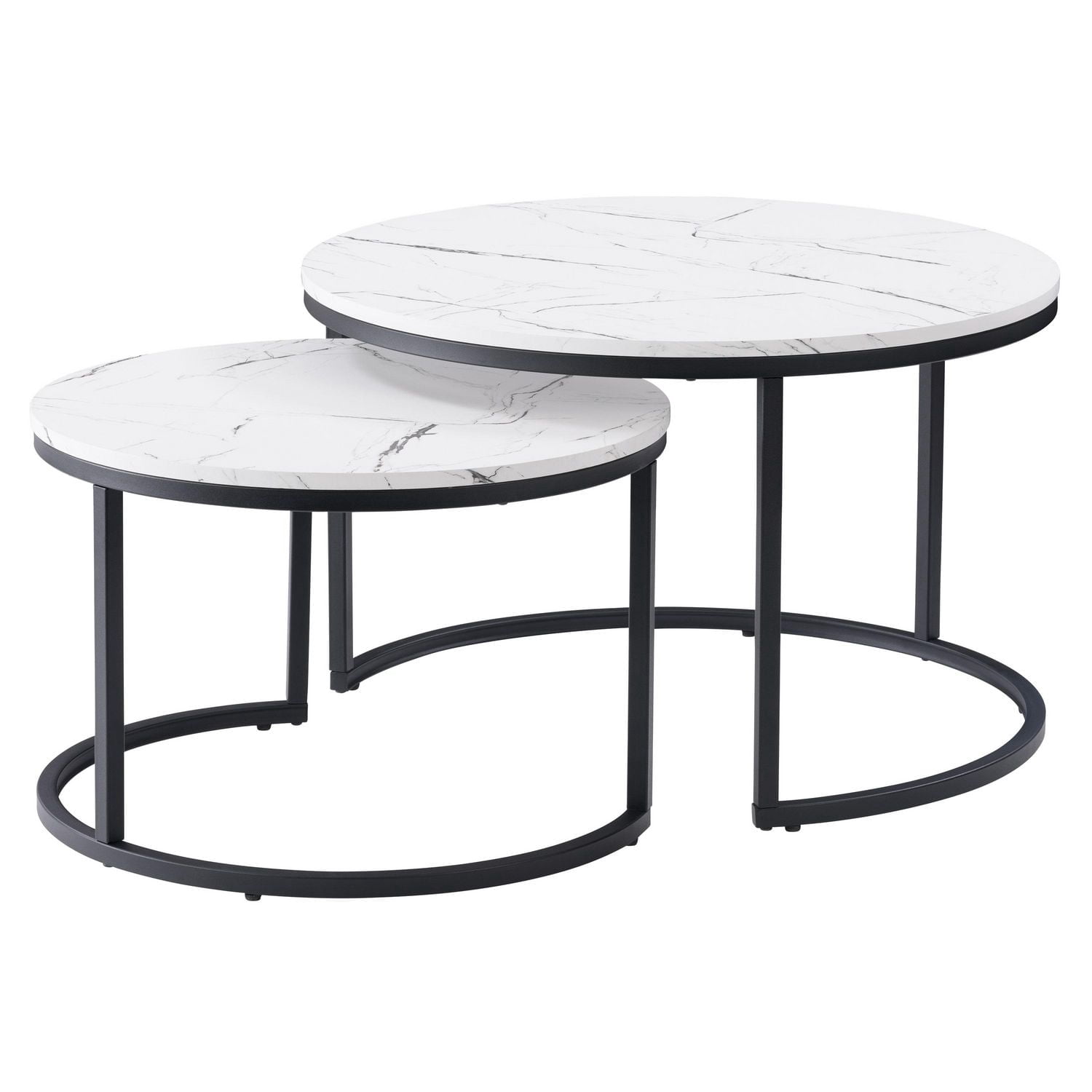 Tables basses gigognes rondes d'intérieur CorLiving Fort Worth en imitation marbre blanc avec base en acier noir