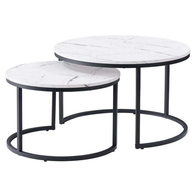 CorLiving Fort Worth white faux marble finish engineered wood round indoor nesting coffee tables with black steel base, featuring two sizes with smooth marble-look tops and black powder-coated steel circular frames, suitable for space-saving in modern living rooms.