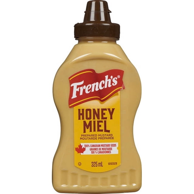 French's Honey Mustard 325ml plastic squeeze bottle with brown flip-top cap, featuring a yellow label with red French's logo and bilingual text highlighting 100% Canadian mustard seeds and prepared mustard.