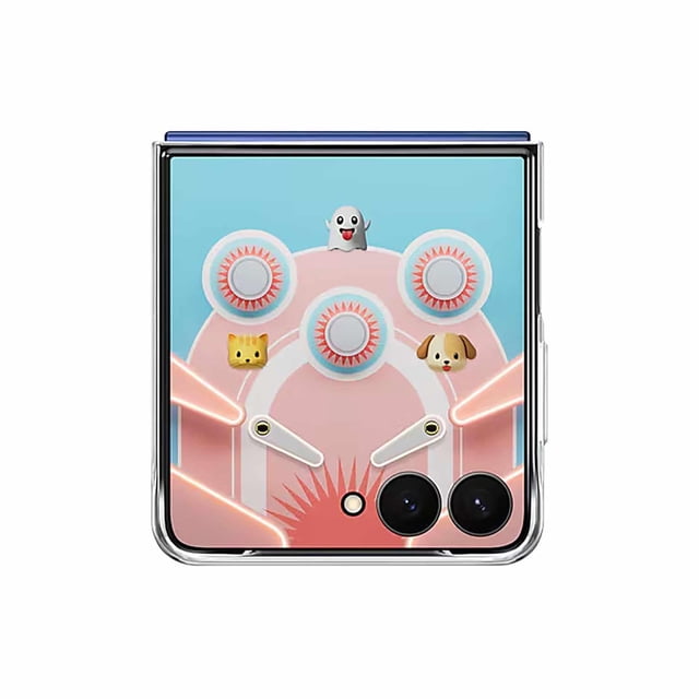 Samsung Flipsuit Case Transparent for Samsung Galaxy Z Flip7 featuring a clear protective case with an interactive pinball game design on the front cover, showing three circular bumpers, two flippers, and ghost, cat, and dog emojis.