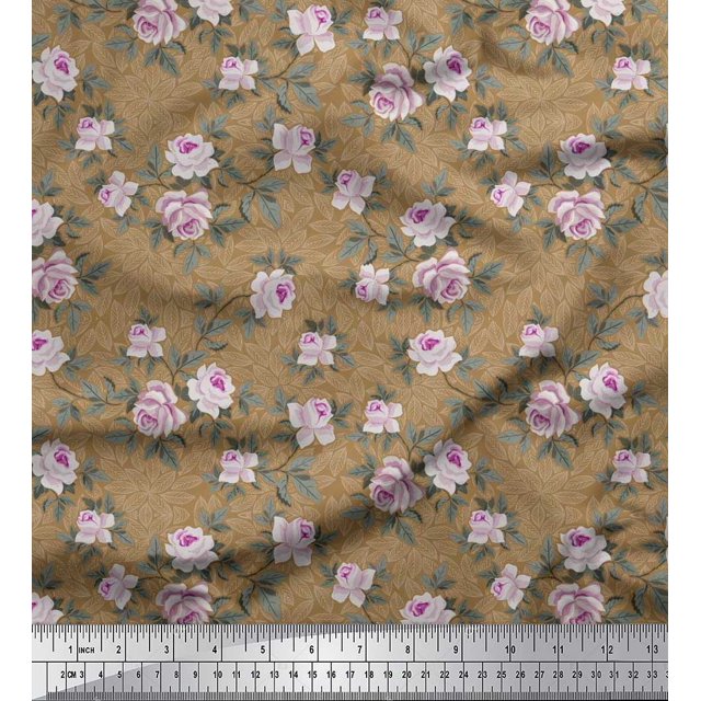 Soimoi Moss Georgette Fabric Leaves & Rose Floral Decor Fabric Printed Yard 42 Inch Wide
