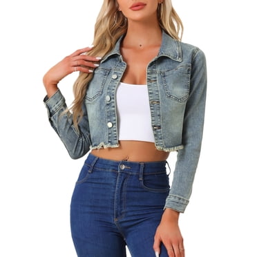 INSPIRE CHIC Women's Jean Jacket Frayed Button Up Washed Cropped Denim Jacket L Gray Blue
