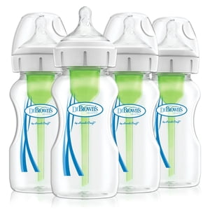 Dr. Brown's Natural Flow Anti-Colic Options+ Wide-Neck Baby Bottle, 4 x 9oz Bottles, Level 1 Nipple, 0m+