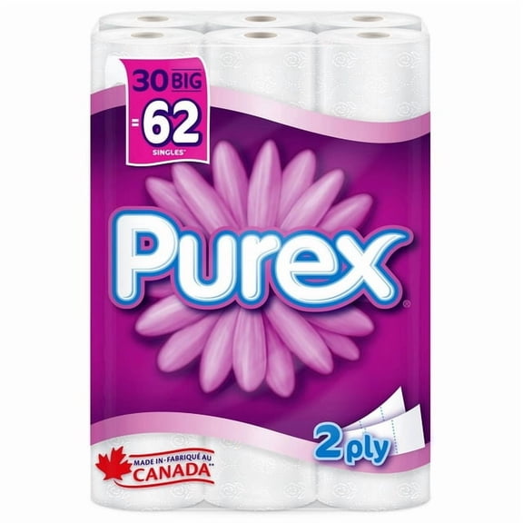 Papier hygiénique Purex, hypoallergénique et sans danger pour les fosses septiques, 30 gros roul. = 62 roul. simples