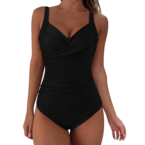 Gubotare Womens Cute One Piece Swimsuit Ruched Tummy Control Bathing Suits Vintage Retro Push Up Swimwear,Black 2XL