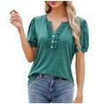 thumbnail image 1 of fheaev Hauts d'Été pour Femmes 2025 Vacances Sorties Hauts Mode Décontracté T-Shirt Blouse Uni à Manches Courtes Col Rond Plissé à Boutons pour Femme, 1 of 6