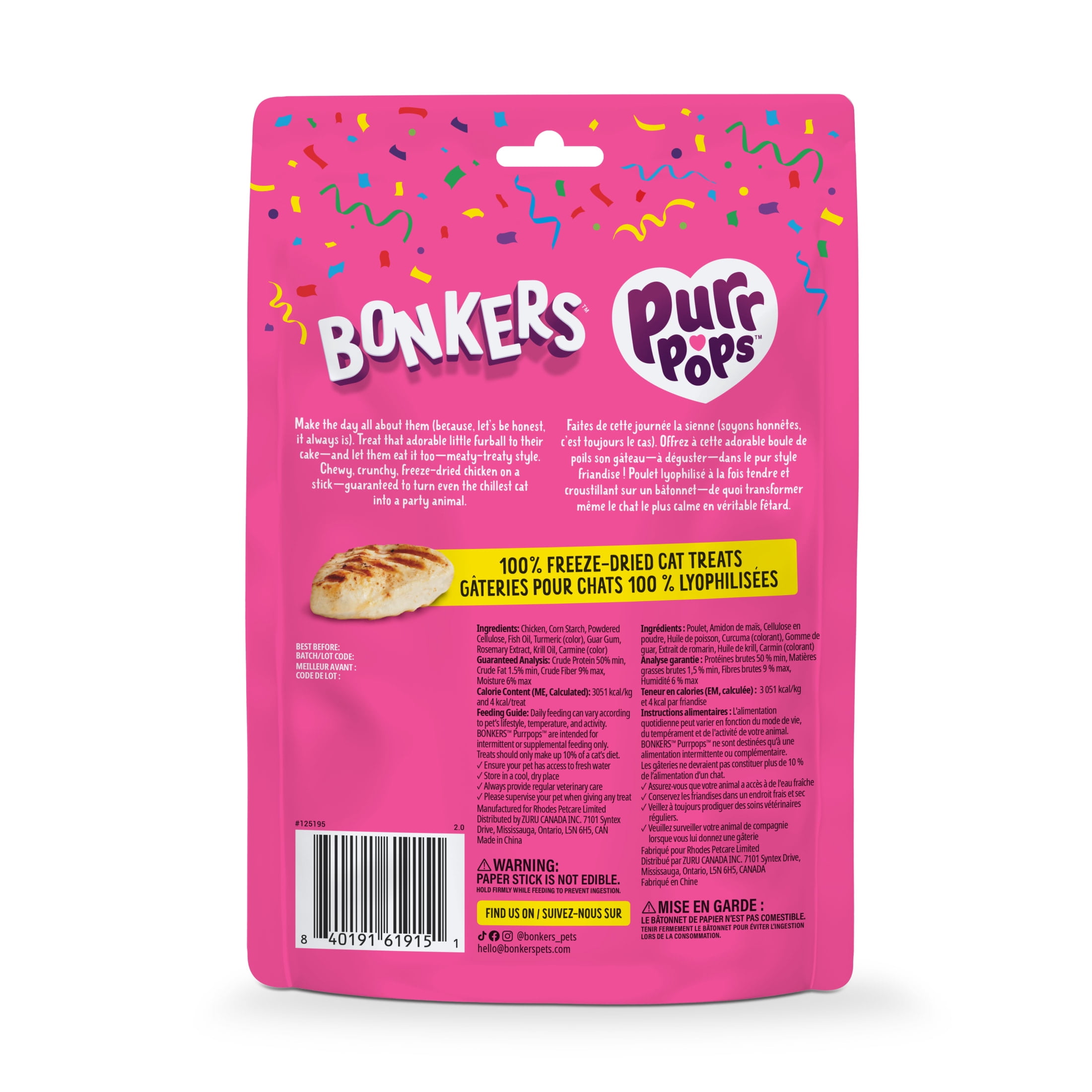 BONKERS Purrpops Suçons pour chat lyophilisés à saveur de poulet, édition Gâteau d’anniversaire, emballage de 4