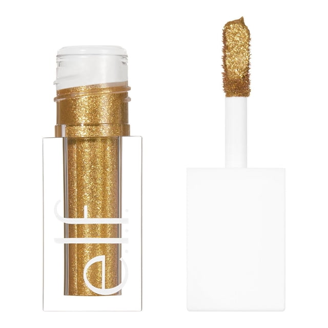 e.l.f. cosmetics Liquid Glitter Eyeshadow in gold with clear rectangular tube and white cap applicator wand showing glittery gold liquid on the applicator tip, featuring a quick-dry, non-sticky formula for long-lasting, high-impact glitter eye makeup, also suitable for adding sparkle to body art.