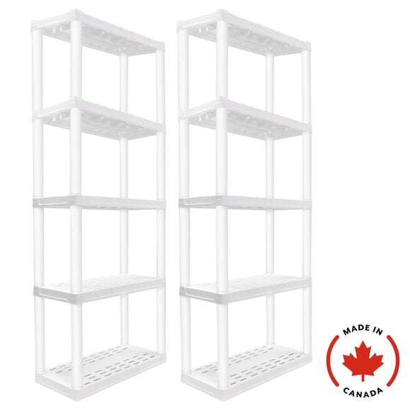 Hyper Tough Plastic Shelving Unit 5-Tier 75"H x 14'D x 30"W 2-Pack White-500Ibs Total Capacity