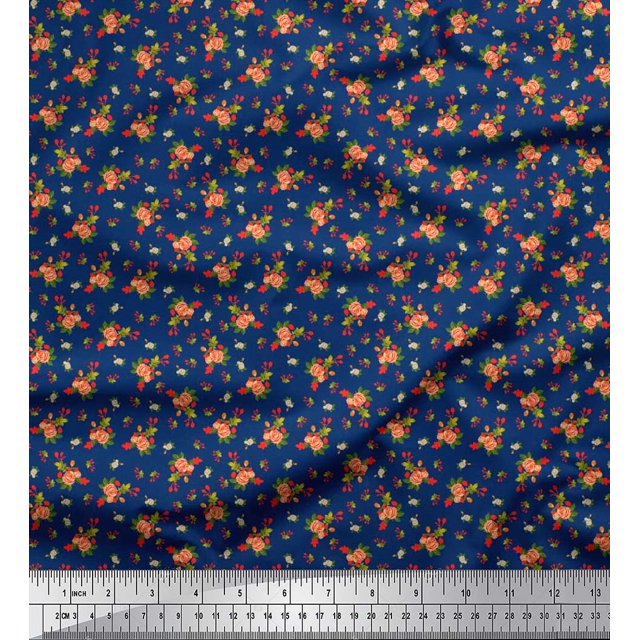 Soimoi Polyester Crepe Fabric Leaves, & Rose Floral Printed Fabric 1 Yard 42 Inch Wide