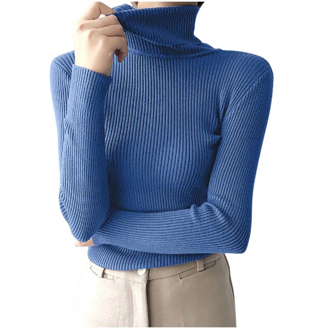 Yuyuzo Sweaters for Women Long Sleeve Turtlenecks Ribbed Knit Comfy Slim Fitted Basic Pullover Tops. The image shows a close-up of a blue ribbed knit turtleneck sweater with long sleeves, worn tucked into beige pants. The slim-fitted design highlights the elegant curves, and the soft, breathable fabric ensures comfort. Suitable for casual or formal occasions.