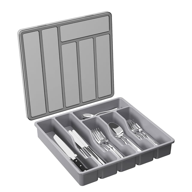 Silverware Organizer Tray with Lid for Kitchen Drawer and Countertop Storage Utensil Container with Six Compartments