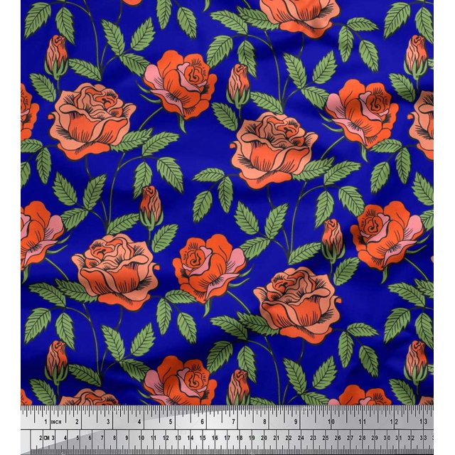 Soimoi Tissu en Velours Feuilles & Roses Imprimés Floraux au Mètre 58 Pouces de Large