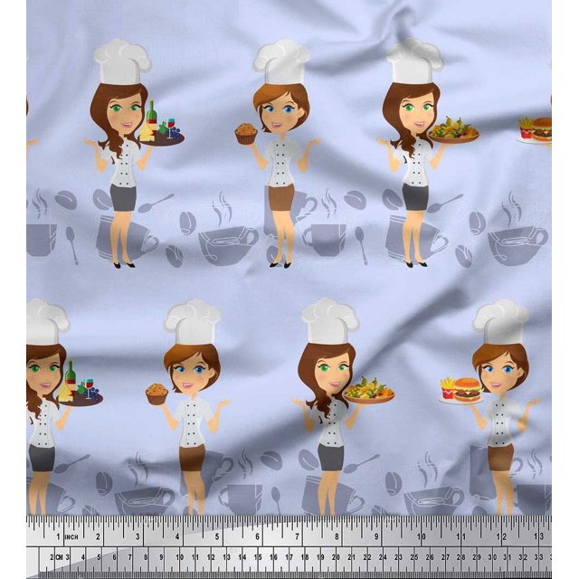 Soimoi Crepe Silk Fabric Cook Girl Print Fabric by Yard 42 Inch Wide