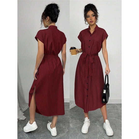 Burgundy Dress With Tie Waist And Side Slit Midi