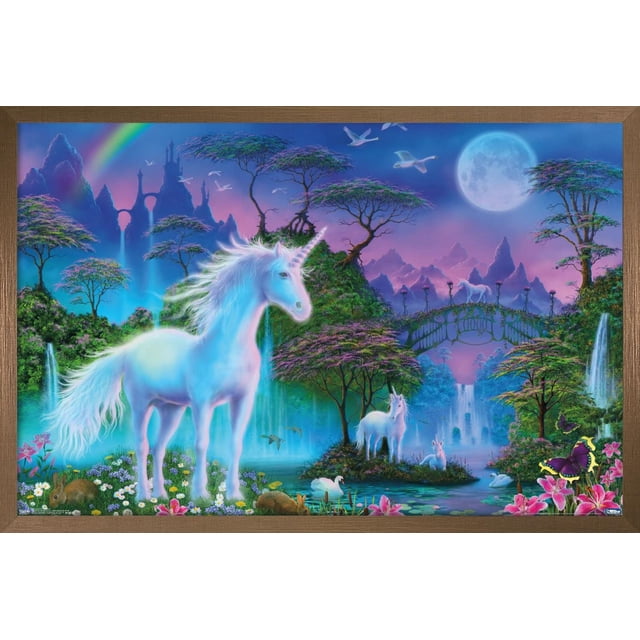 Affiche Murale de Prairie de Licorne, 22,375 Pouces x 34 Pouces Encadrée, Montre une Scène Murale Fantastique avec une Grande Licorne Blanche Se Tenant dans un Prairie Coloré avec des Fleurs et des Lapins. l'Arrière-plan Présente une Pleine Lune Lumineuse, Arc-en-Ciel, des Oiseaux Volants, des Cascades, et un Pont de Pierre avec de Plus Petites Licornes, Entouré d'Arbres Luxuriants et de Plantes Vibrantes, Convient à la Déco de Chambre Ou de Chambre d'Enfant.