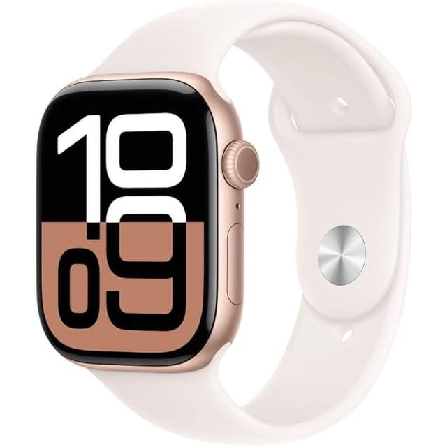 Restored Apple Watch Series 10 (GPS + Cellular) Smartwatch with aluminum case and black sport band, open box condition. A wearable technology device offering advanced health tracking, sleep monitoring, fitness metrics, and safety features. Sleek design with rounded edges and vibrant display.