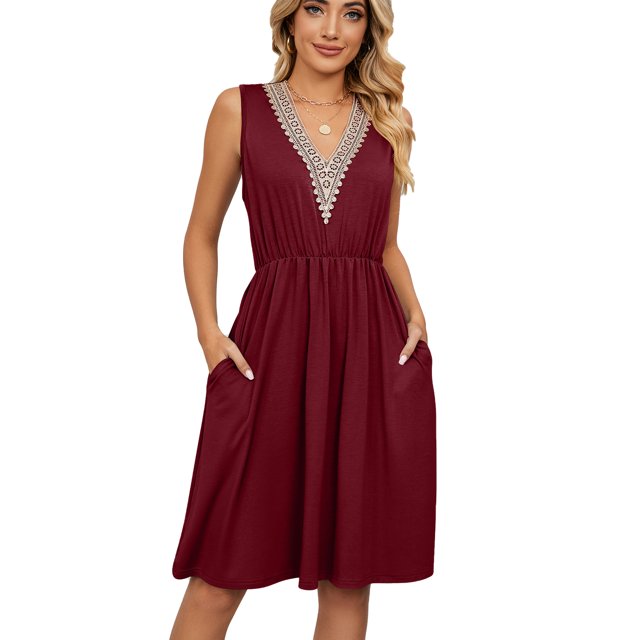 Beautyin Robe de Printemps/été Couleur Unie Col en V Dentelle Patchwork Sans Manches avec Poches et Taille