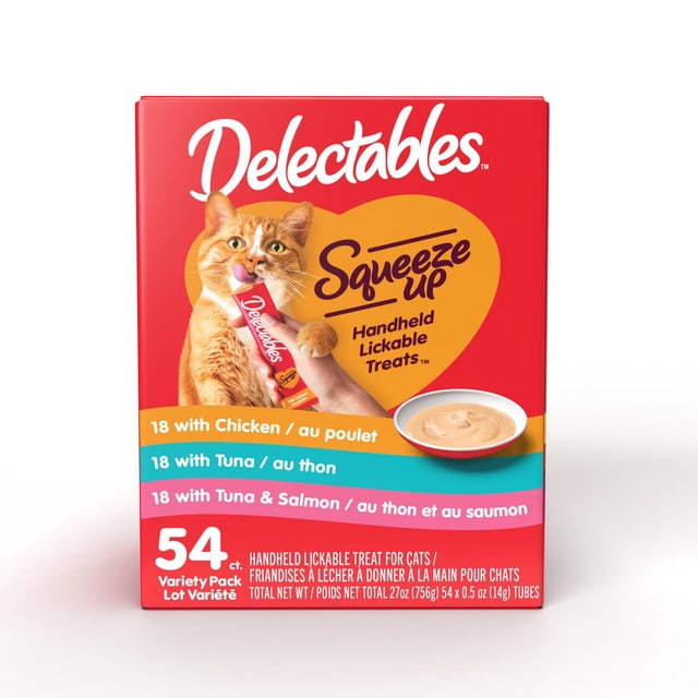Delectables™ Chicken, Tuna & Salmon Squeeze Up™ Cat Treats variety pack with 54 handheld lickable treat tubes in chicken, tuna, and tuna & salmon flavors, shown with a cat licking a treat from a hand and a bowl of creamy puree, suitable for interactive feeding or as a food topper.