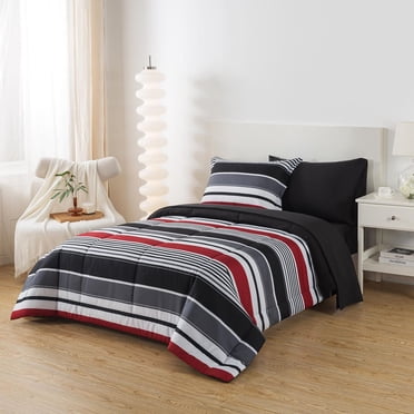 Mainstays all in one reversible comforter and sheet Set- 5 Piece, Twin, Red and Black Stripe