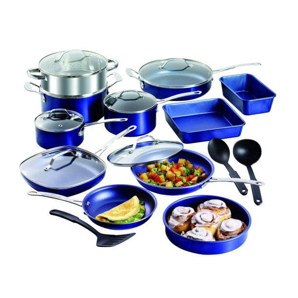 Refurbished Granite Stone 20 Piece Non-stick Pots & Pans Complete Cookware & Bakeware Set, Blue