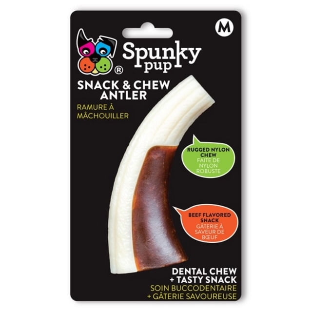 Snack & Chew Antler dog toy by Spunky Pup, a curved antler-shaped chew with a white rugged nylon section and a brown beef-flavored snack embedded, promoting dental health and providing a tasty chew for dogs.