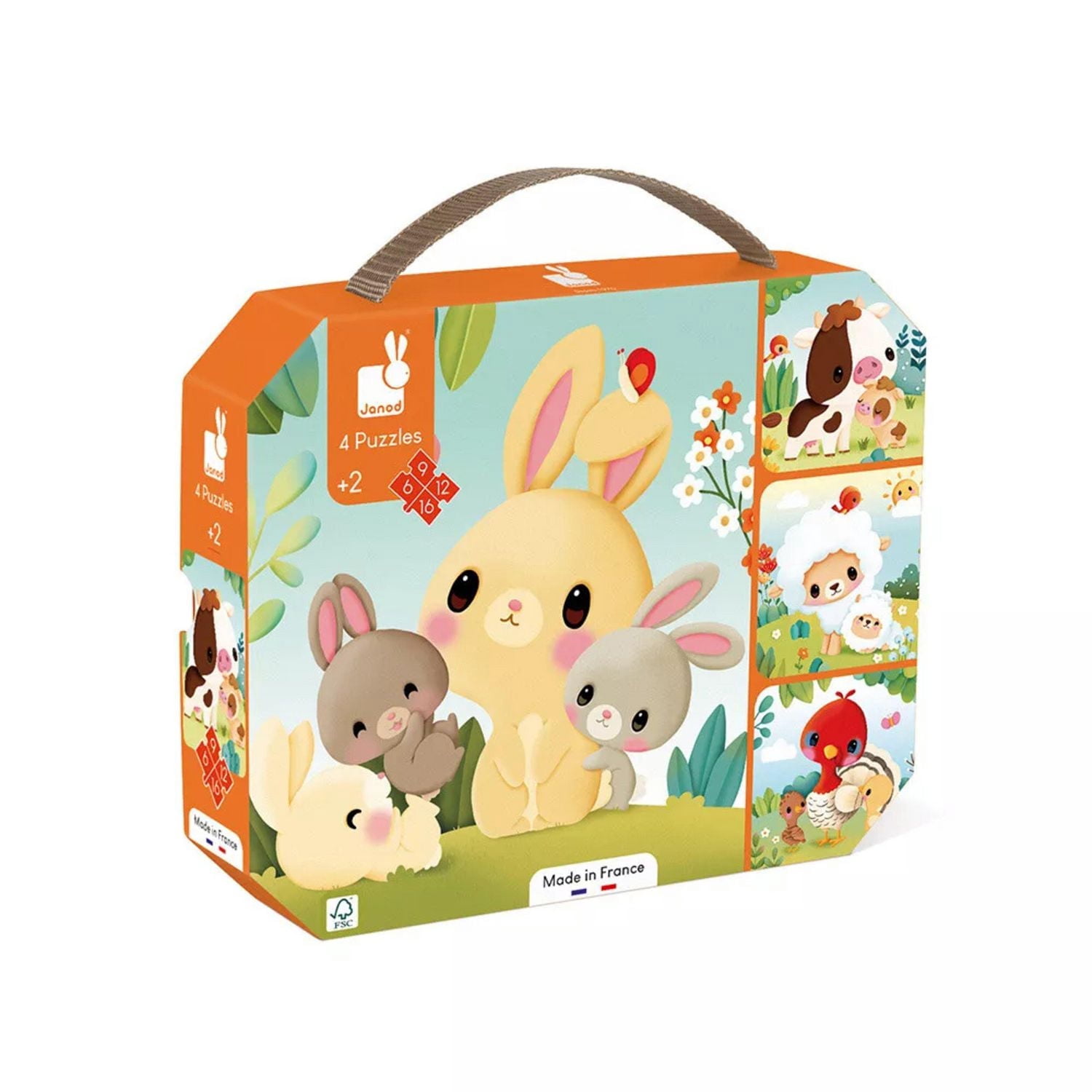 Janod - 4 Progressive Difficulty Puzzles - Farm - 6, 9, 12, 16 Pieces - Size 20 x 20 cm - Early-Learning - Fine Motor Skills - For Children From 18 Months + - Multilingual - J03327
