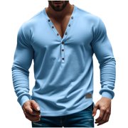 Gspmoly Mens T Shirt, Men'S Spring and Fall American Solid Color T-Shirt Long Sleeve Casual Base Slim Button V-Neck Top Men Top up to 65% Off