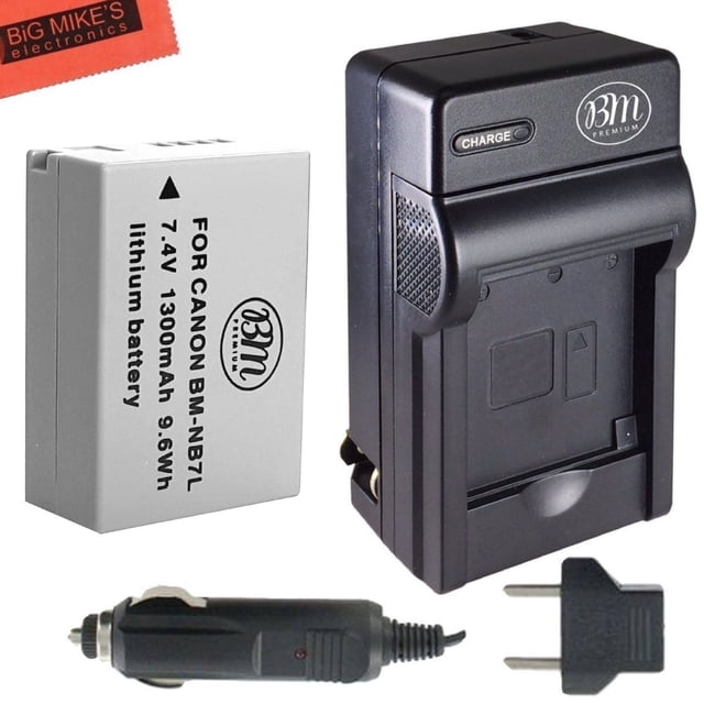 BM Premium NB-7L Battery & Charger Kit for Canon PowerShot G10, G11, G12, and SX30 IS digital cameras. The kit includes a 1300mAh lithium-ion battery with 7.4 volts and 9.6Wh capacity, a compact charger with a foldable plug, a car adapter, and a European plug adapter. The battery features advanced circuitry, voltage regulation, and thermal circuit protection for safety and performance. The charger is designed for portability and convenience, ensuring your camera is always ready for use.