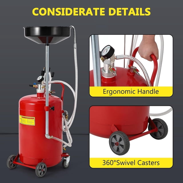 AKDSteel 20 Gallon Waste Oil Drain Tank, Air Operated Portable Oil Drainer with Adjustable Funnel, Fluid Fuel Transfer Drainage with Wheels, Oil Change Container for Automotive Workshops
