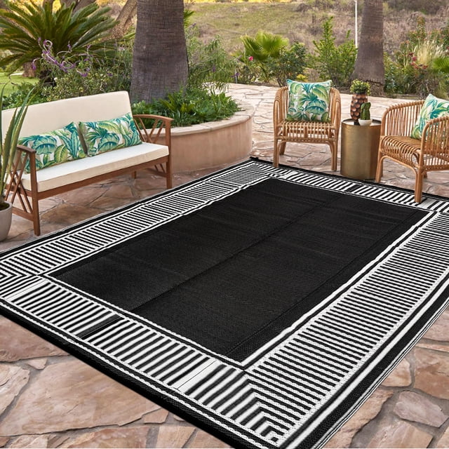 Garvee Tapis d'Extérieur 9 Pieds X 18 Pieds Imperméable en Paille Plastique, Tapis d'Extérieur Moderne à Bordure, Tapis Réversible Résistant aux UV pour Patio, VR, Terrasse, Plage, Véranda, Noir et Blanc