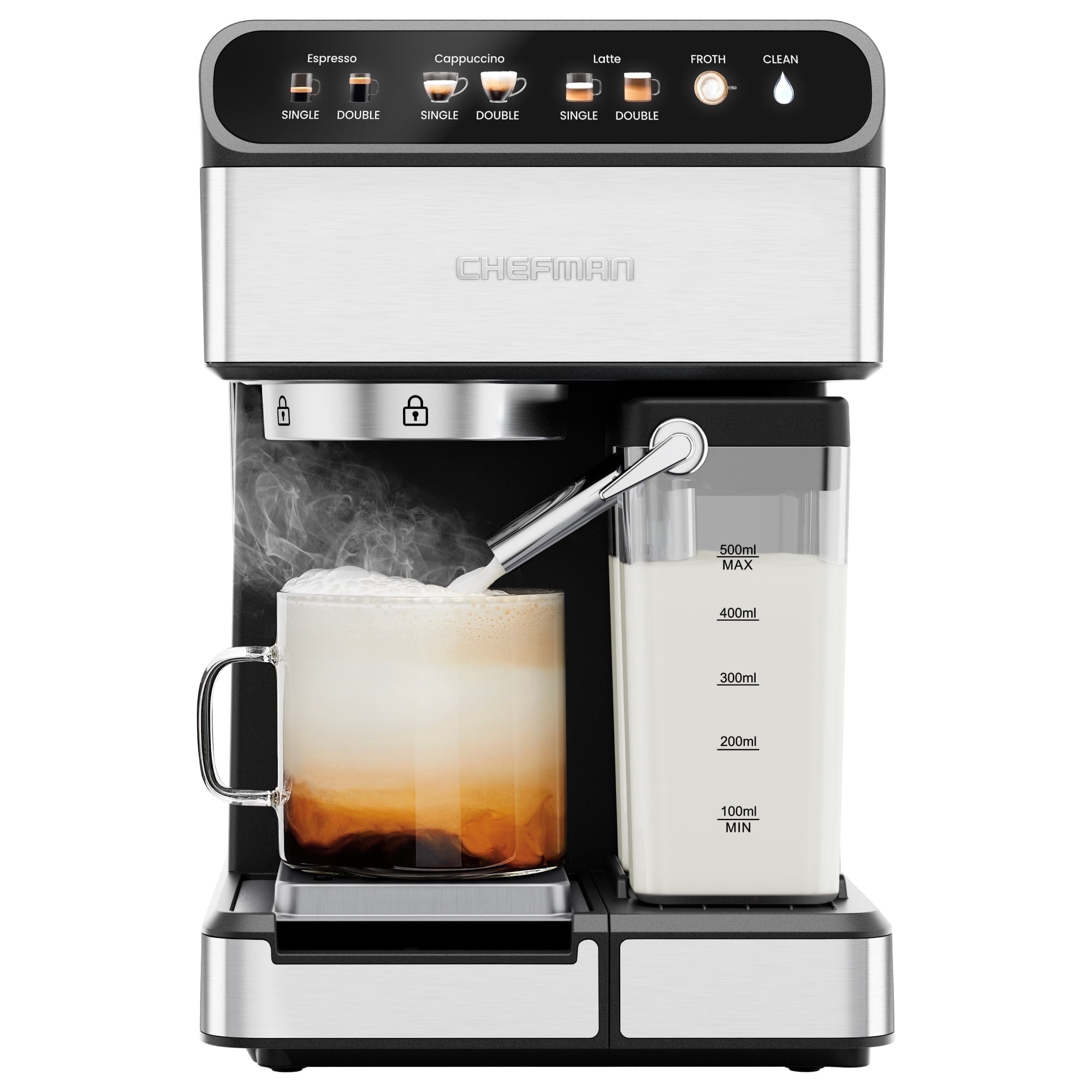 Refurbished Chefman CafMaster Pro Espresso Machine, 15-Bar Pump, Built-In Milk Frother, 1.8 Liter Removable Water Reservoir, Stainless Steel, RJ54-I-SV-AM