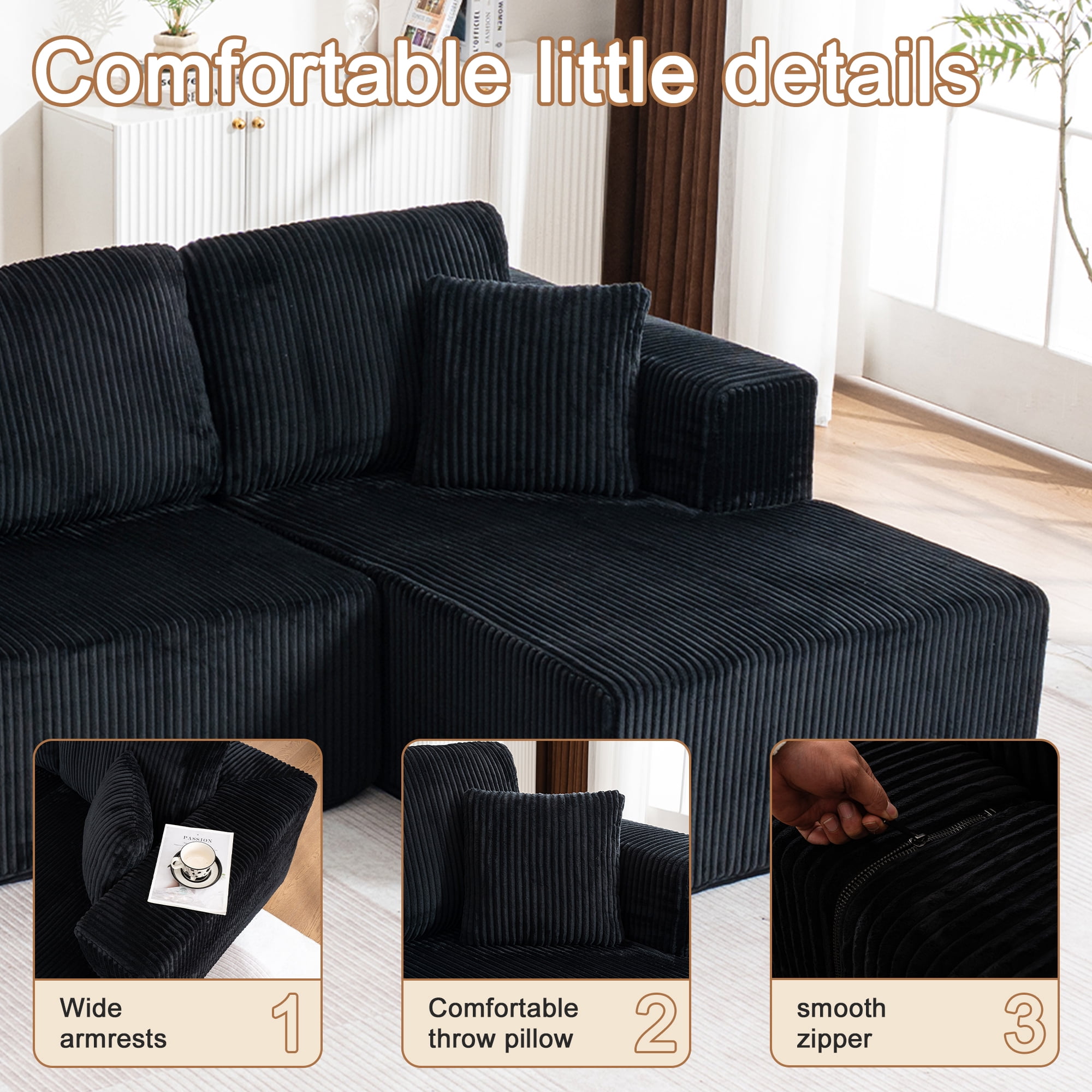 Canapé-lit Noble House moderne et décontracté en forme de U, sans cadre, modulable avec fauteuil inclinable, Noir