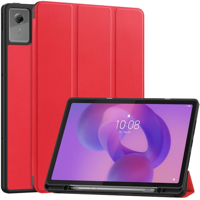 DWaybox Case for Lenovo Idea Tab Plus 12.1 inch 2025 Model, Shockproof Protective Cover with Kickstand, Built-in Pen Slot & Auto Wake/Sleep, Folio Matte TPU Smart Cover -Red