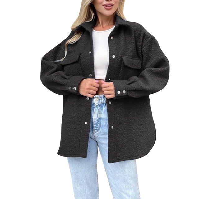 WEIYLL Womens Fleece Jackets Shirt Oversized Button Down Long Shacket Pockets Black Fall Tops Size XL