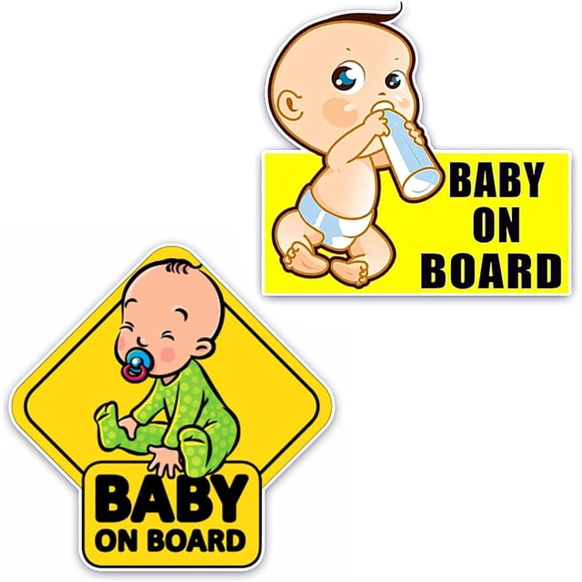 HAHADAXA 2Pcs Baby on Board Car Stickers for Baby Safety, featuring two self-adhesive reflective decals. One sticker shows a baby in a green onesie with a pacifier on a yellow diamond-shaped background, while the other displays a baby in a diaper holding a bottle on a rectangular yellow background. Both designs include bold 'Baby on Board' text to alert other drivers. Made with durable, weather-resistant material for long-lasting use.