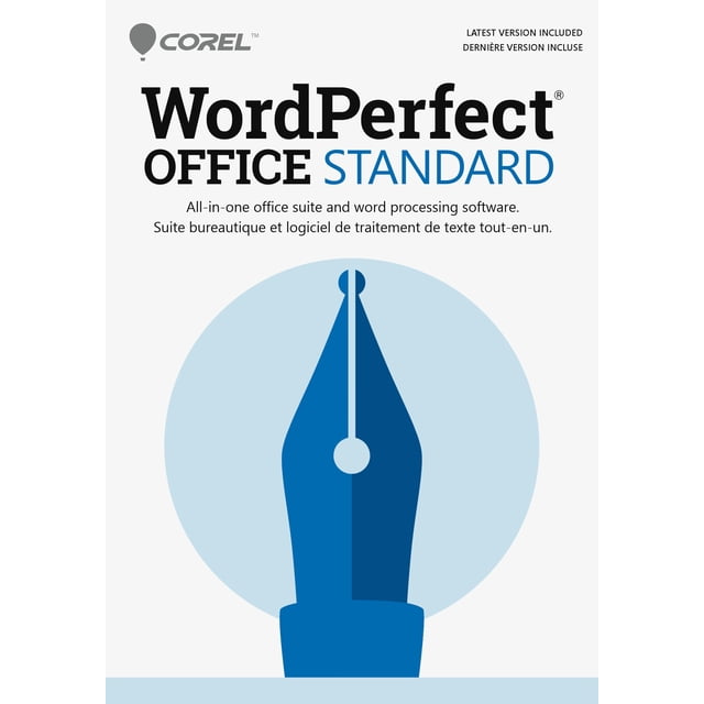 Corel WordPerfect Office Emballage Standard de Logiciel de Téléchargement Numérique avec une Icône de Plume de Stylo-Plume Bleue Centrée à l'Intérieur d'Un Cercle Bleu Pâle, Présentant un Texte Bilingue Anglais et Français le Décrivant comme une suite Bureau Tout-en-un et un Logiciel de Traitement de Texte Incluant la Plus Récente version.