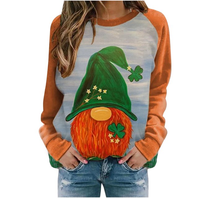 Penkiiy Femmes T-Shirt à Col Rond à Manches Longues Imprimé de la Saint-Patrick Impression Chandail Blouse Hauts 4TG Orange