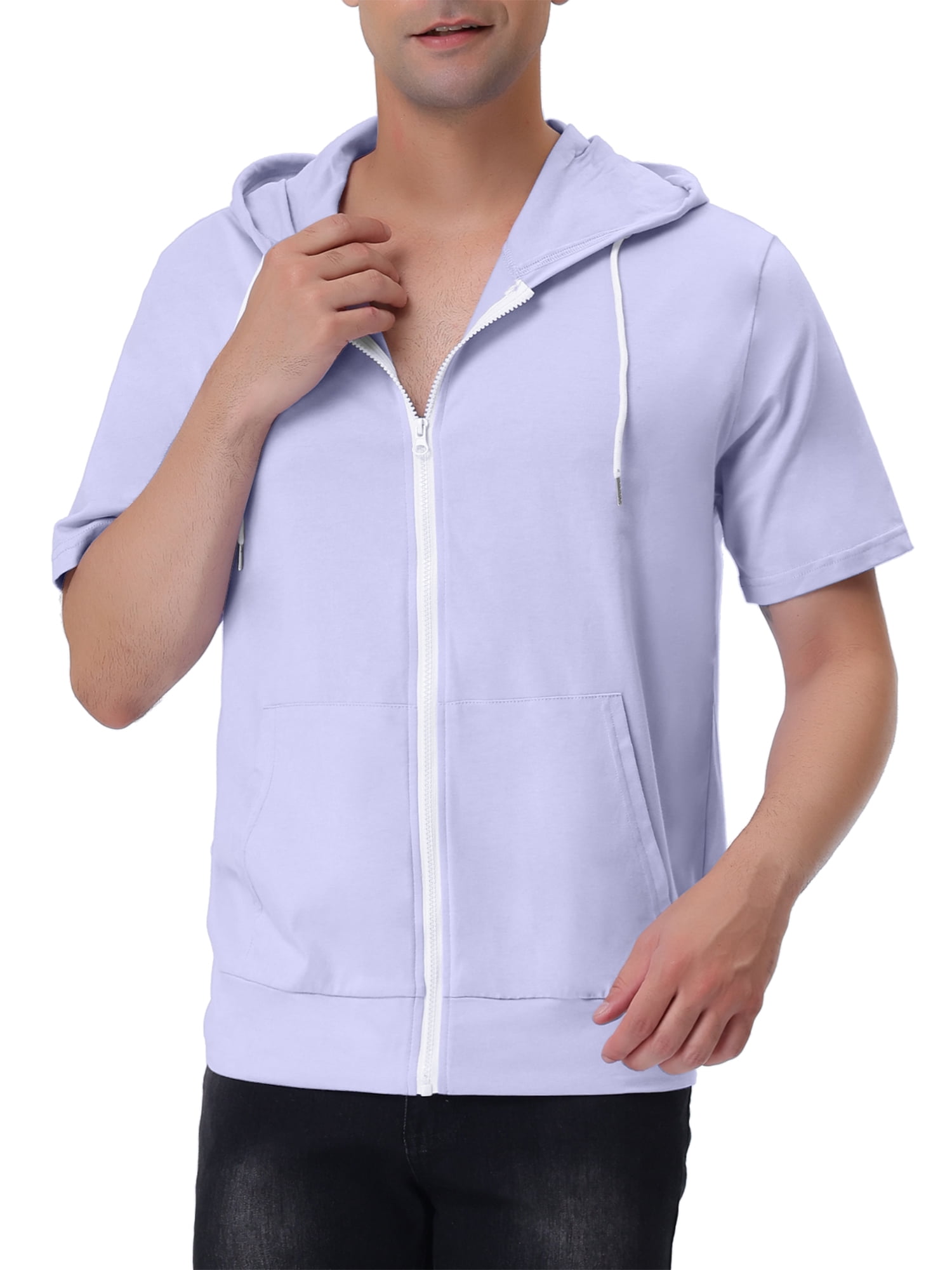 INSPIRE CHIC Men's Short Sleeve Hoodies Solid Color Zip Up Jackets with Hood 2XL Light Purple