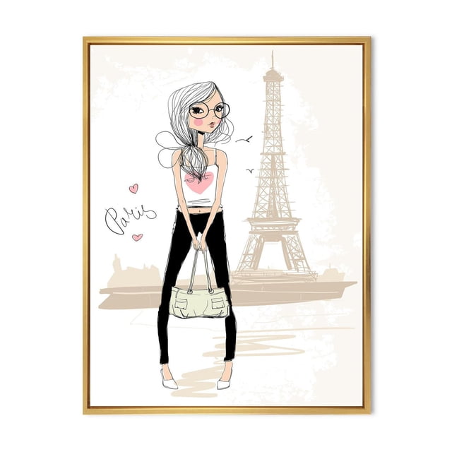 Designart Cute Girl By The Tour Eiffel In Paris FLOAT FRAME WALL ART depicting a minimalist illustration of a girl wearing a white tank top with a pink heart, black pants, and white shoes, holding a beige handbag, standing in front of a light sketch of the Eiffel Tower. The canvas is gallery-wrapped and set in a light wood floating frame, perfect for enhancing home décor with a Parisian theme.