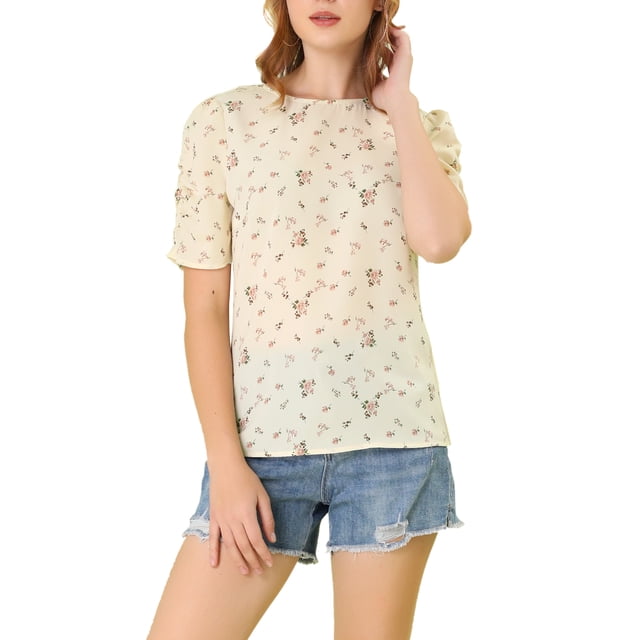 INSPIRE CHIC Haut Floral Élégant pour Femme à Manches Courtes Froncées, Coupe Régulière